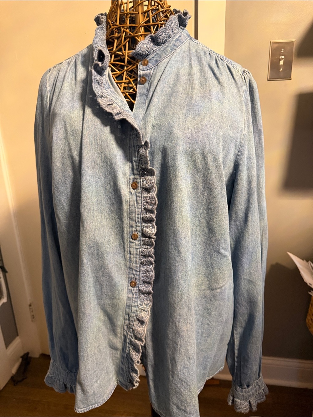 Boden Light Blue Denim Ruffle Button-Down Shirt